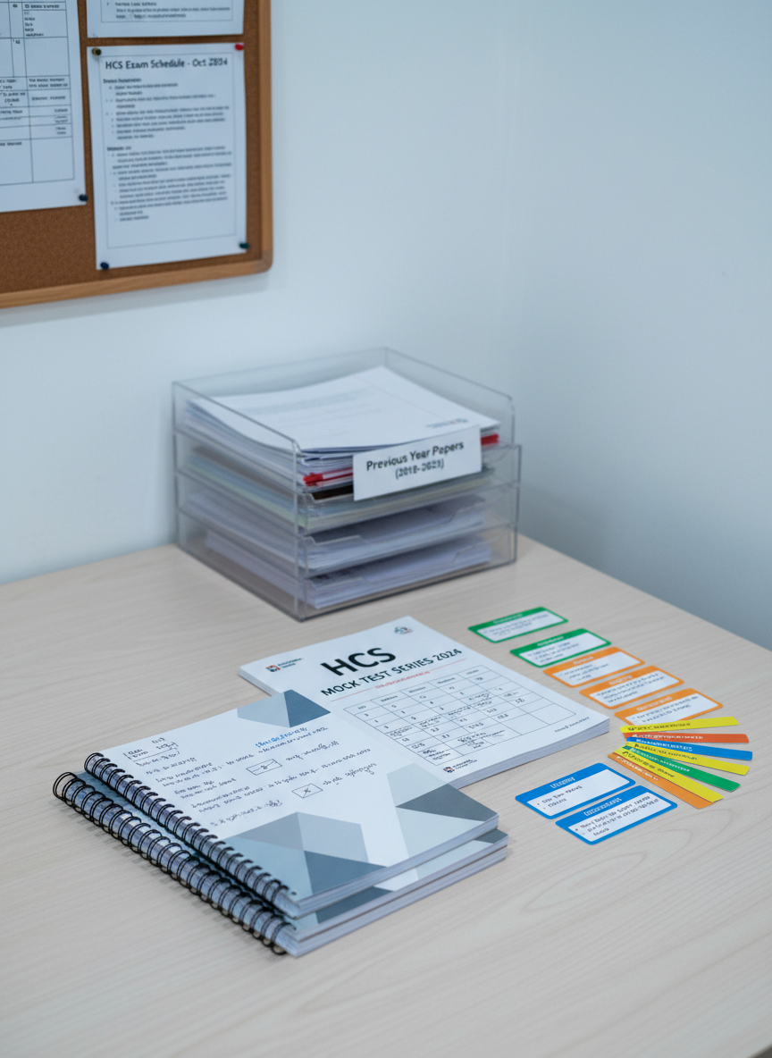 A collection of intricately designed HCS exam study materials, including clean-lined spiral-bound notes, a structured test series booklet, and a set of color-coded revision flashcards, all arranged precisely on a pale ash wood study table. In the background, a clear acrylic file organizer holds previous years’ papers, and a minimalist bulletin board with printed exam notifications is visible. The cool, even light from an overhead LED fixture creates soft, shadow-free illumination, emphasizing clarity and organization. The setting is uncluttered and professional, with the mood evoking efficiency and readiness. Photographed from a slightly elevated angle and using a rule-of-thirds layout, the image embodies a balanced, corporate photographic style aligned with high academic standards.